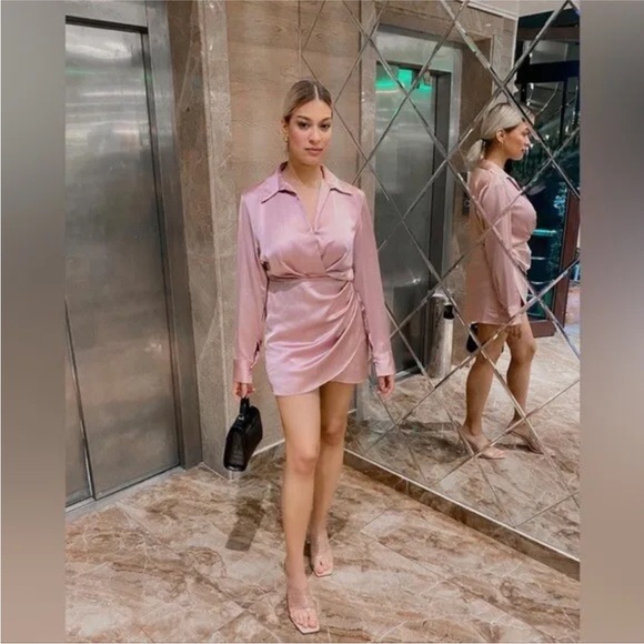 Zara mini dress satin effect drapped long sleeve pink party wedding coctail - Picture 5 of 10
